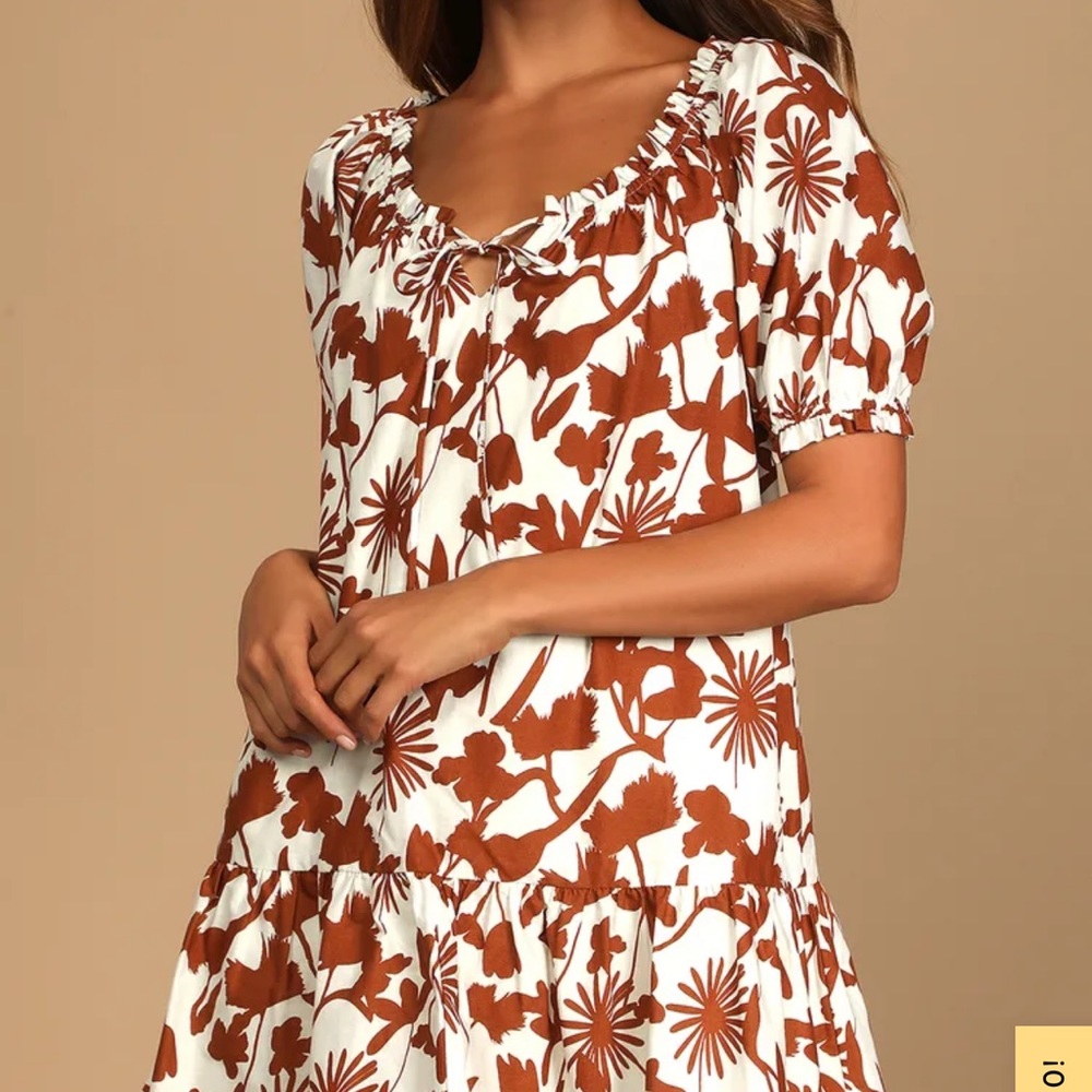 NWT lulus White Brown Floral Print Babydoll Dress XL